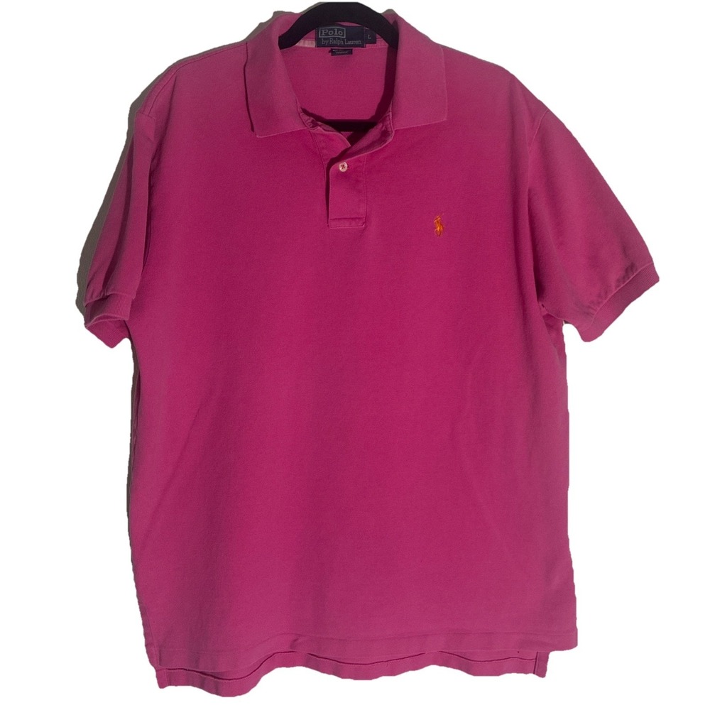 Polo Ralph Lauren Large Pink Short Sleeve Polo Shirt Orange Logo 100% Cotton